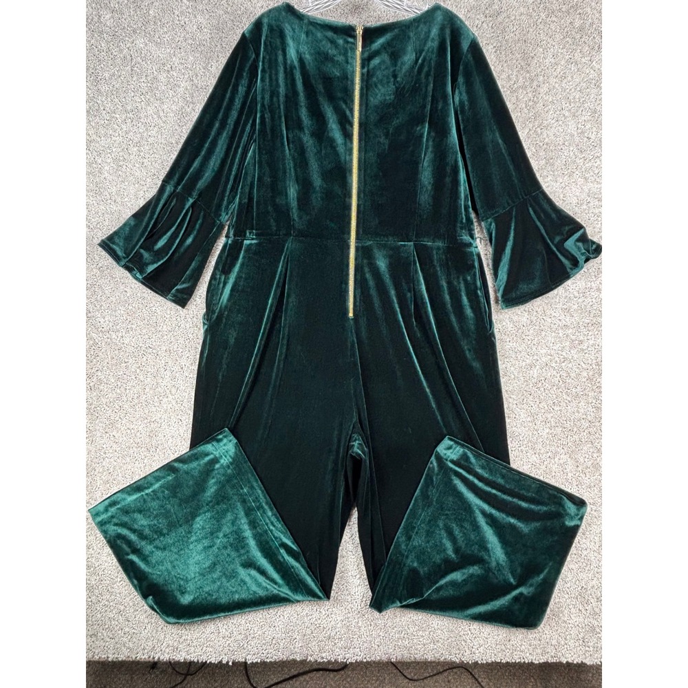 Calvin Klein Womens Green Velvet Wide Leg Jumpsuit Bell Sleeve Size 18W (READ) - Picture 8 of 14